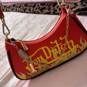 Von Dutch Red Shoulder Bag with Yellow Flames